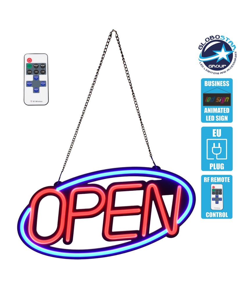 GloboStar® 85860 Φωτιστικό Ταμπέλα Φωτεινή Επιγραφή NEON LED Σήμανσης Animated Ovale OPEN 30W AC 230V με Διακόπτη On-Off και Ασύρματο Χειριστήριο IR Μπλε - Κόκκινο